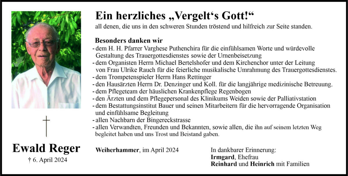 Danksagung Ewald Reger, Weiherhammer