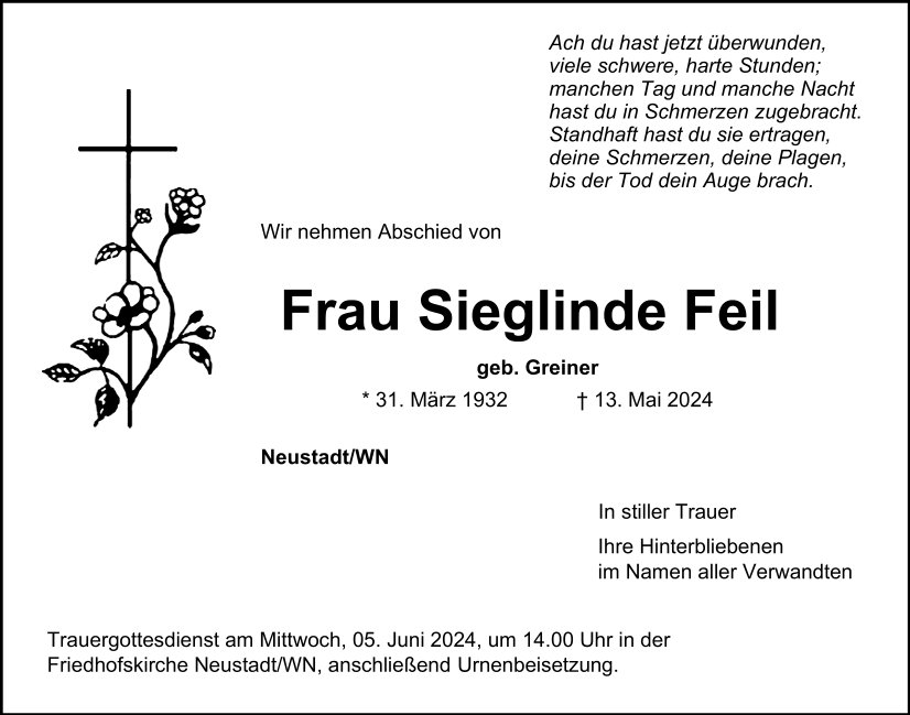 Traueranzeige Sieglinde Feil, Neustadt/WN