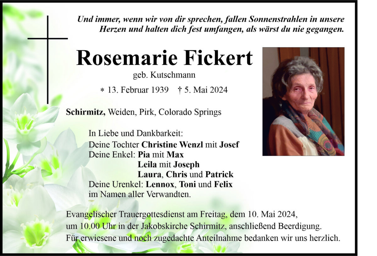 Traueranzeige Rosemarie Fickert, Schirmitz