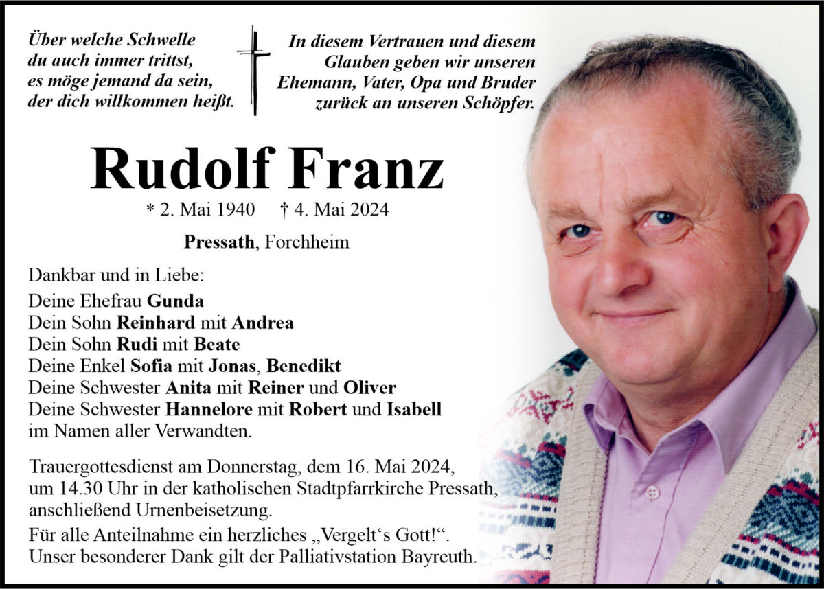 Traueranzeige Rudolf Franz, Pressath