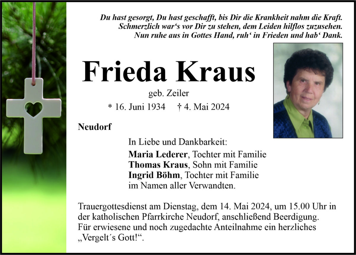 Traueranzeige Frieda Kraus, Neudorf