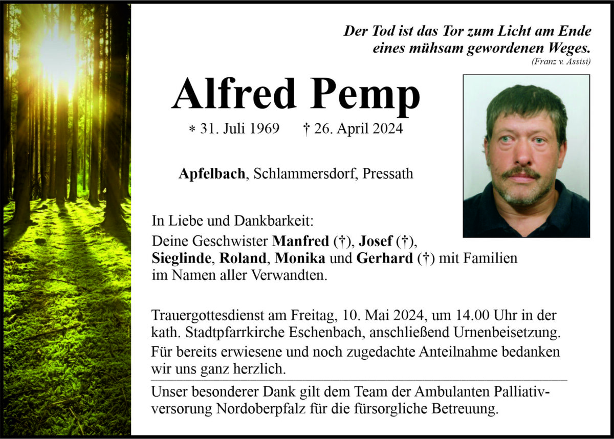 Traueranzeige Alfred Pemp, Apfelbach