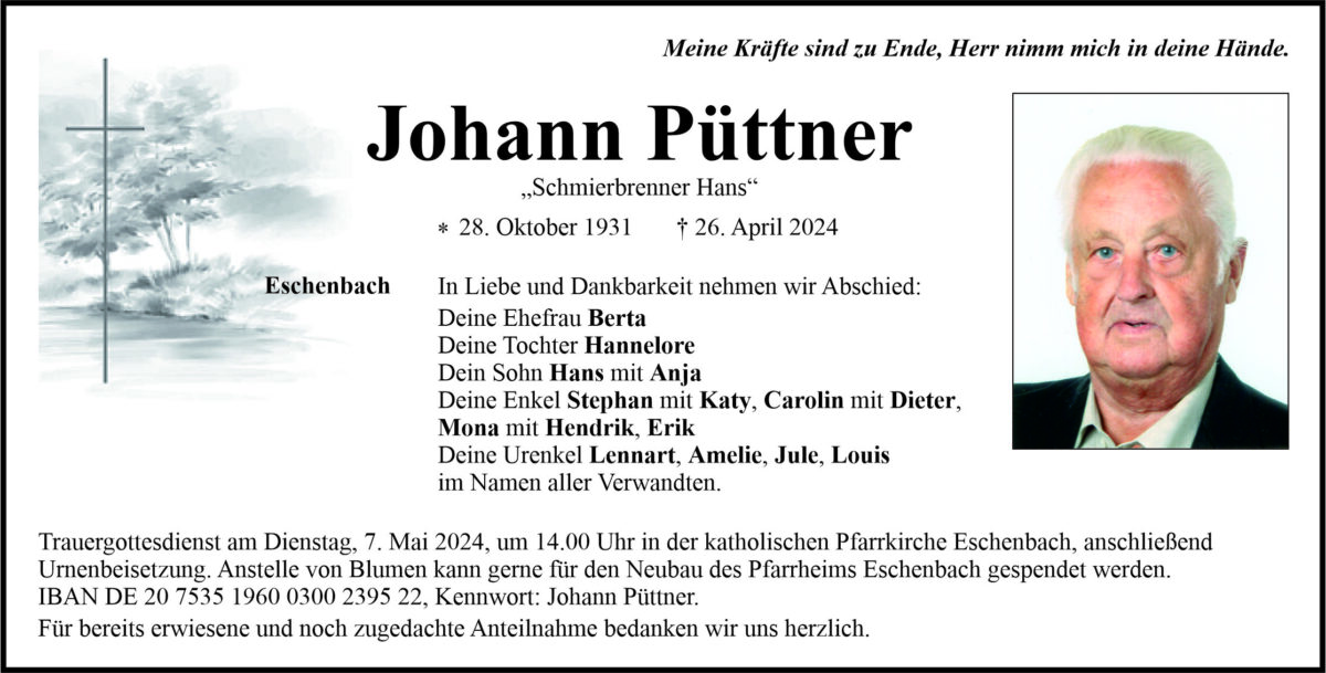 Traueranzeige Johann Püttner, Eschenbach