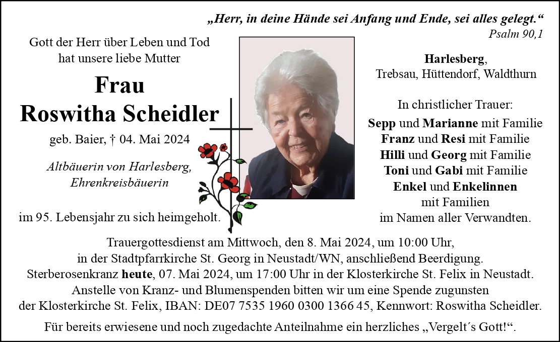 Traueranzeige Roswitha Scheidler, Harlesberg