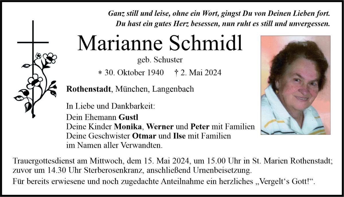 Traueranzeige Marianne Schmidl, Rothenstadt