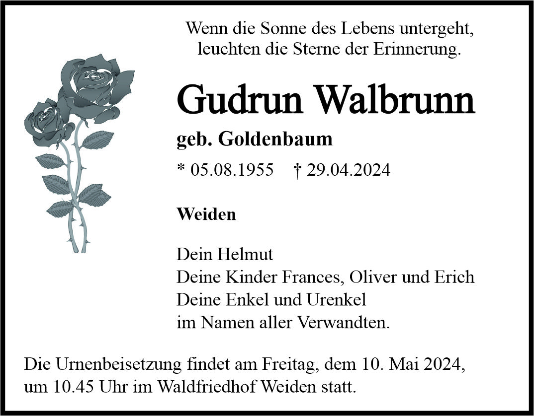 Traueranzeige Gudrun Walbrunn, Weiden