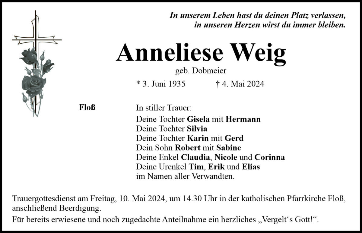 Traueranzeige Annelise Weig, Floß