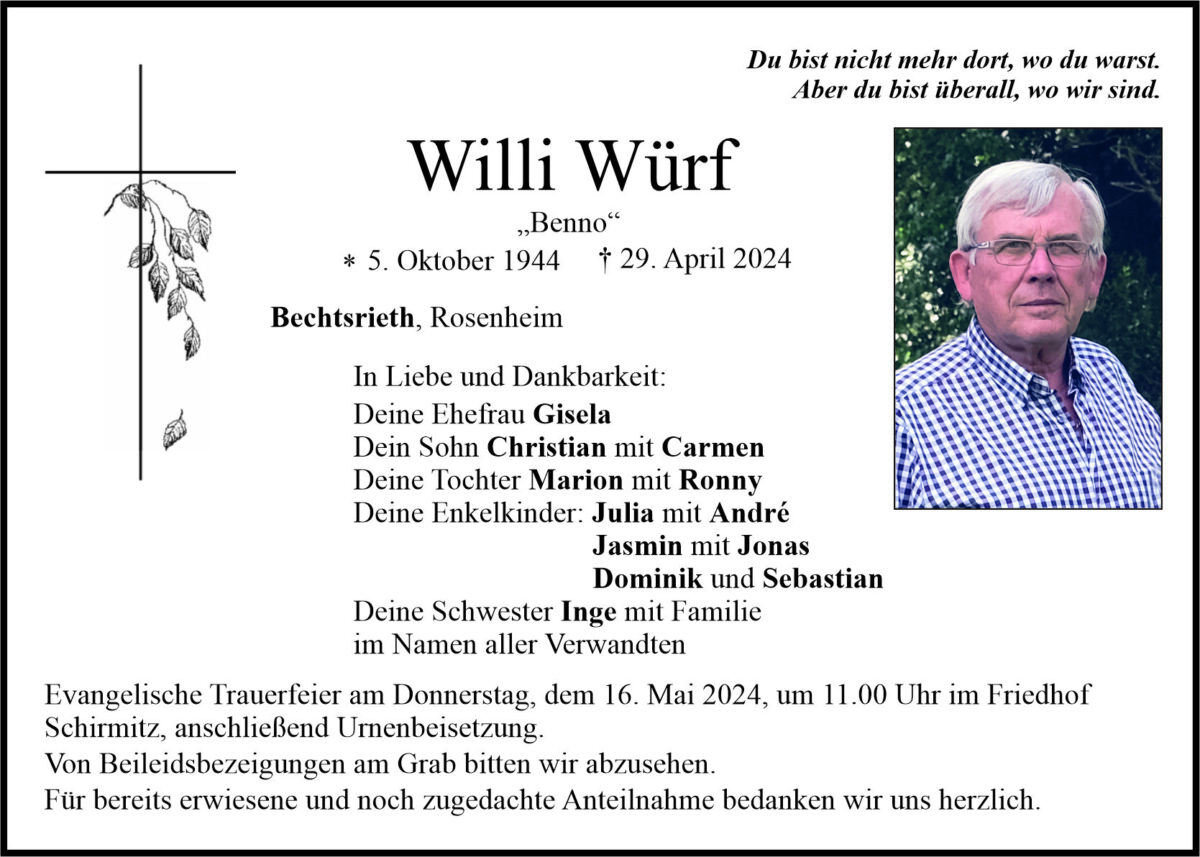 Traueranzeige Willi Würf, Bechtsrieth