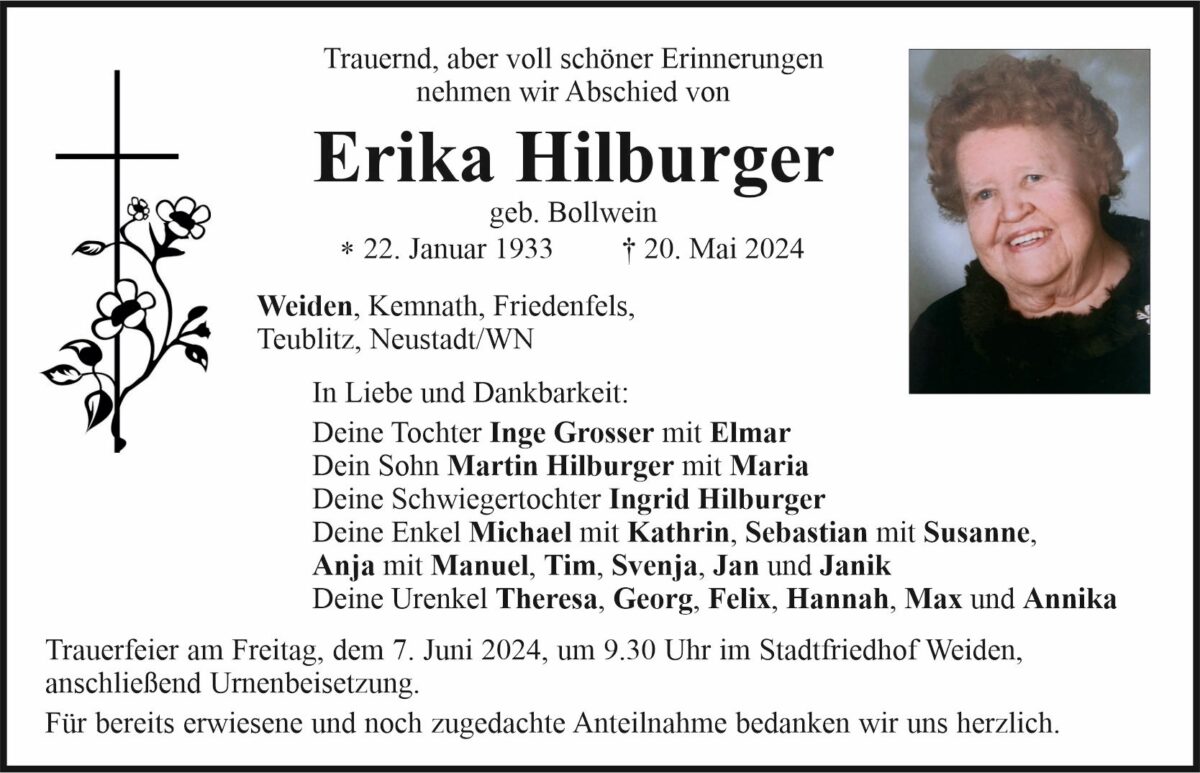 Traueranzeige Erika Hilburger, Weiden