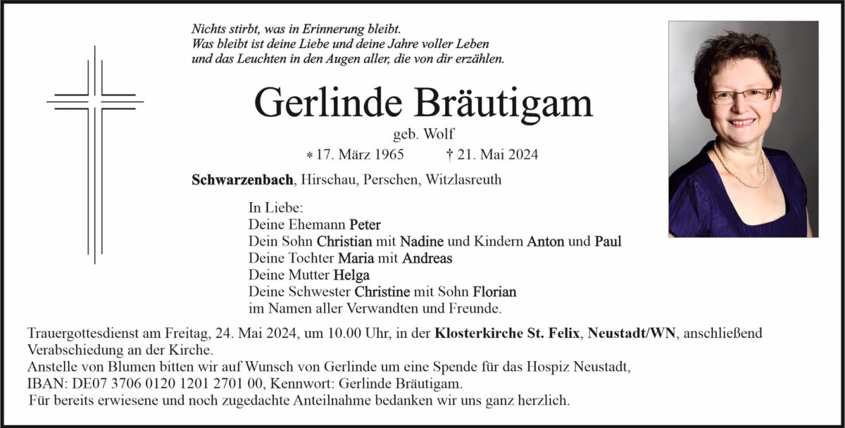 Traueranzeige Gerlinde Bräutigam, Schwarzenbach
