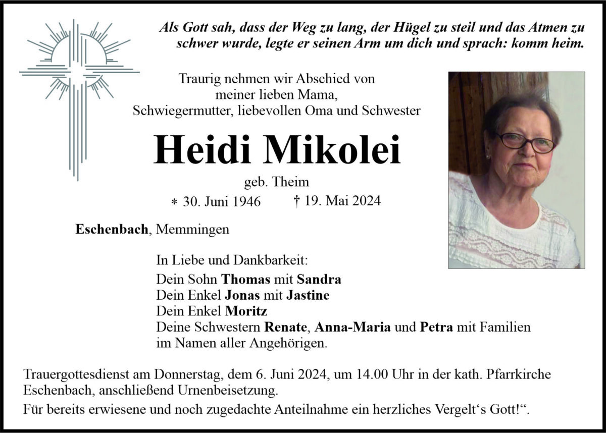 Traueranzeige Heidi Mikolei, Eschenbach