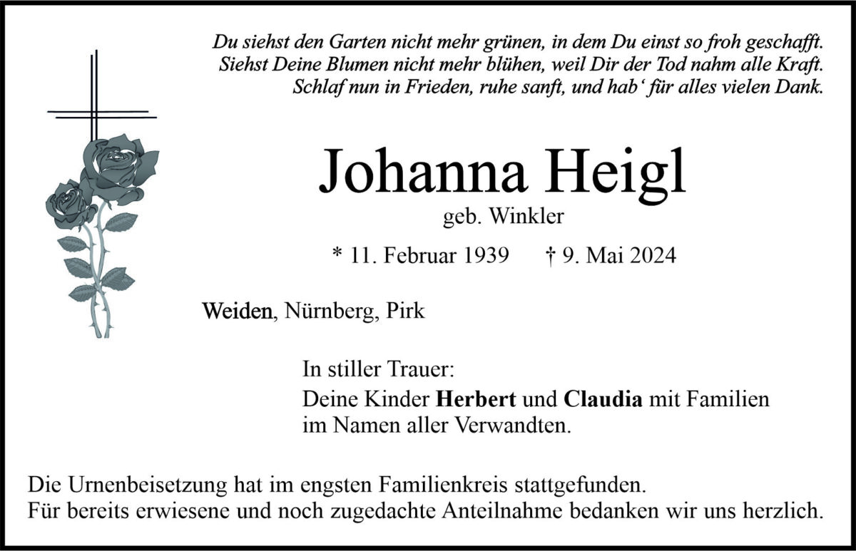 Traueranzeige Johanna Heigl, Weiden