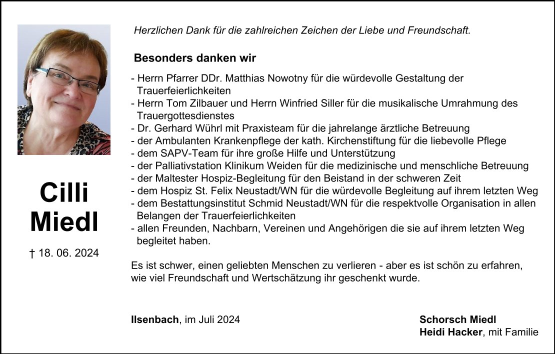 Danksagung Cilli Miedl, Ilsenbach