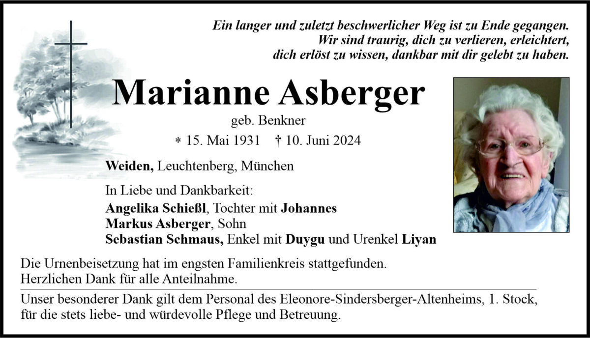Traueranzeige Marianne Asberger, Weiden