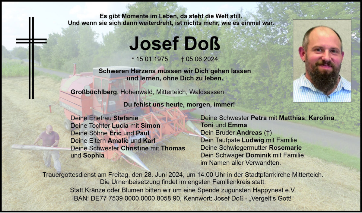 Traueranzeige Josef Doß, Großbüchlberg