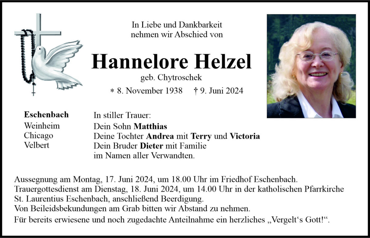 Traueranzeige Hannelore Helzel, Eschenbach
