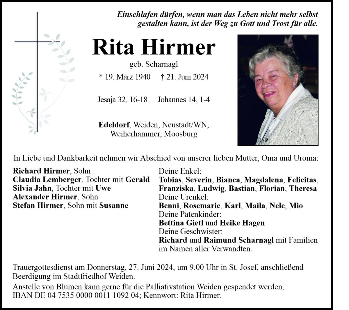Traueranzeige Rita Hirmer, Edeldorf