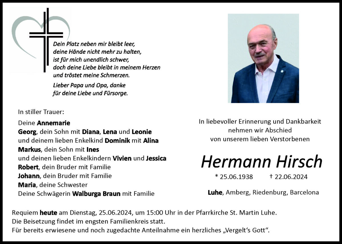 Traueranzeige Hermann Hirsch, Luhe