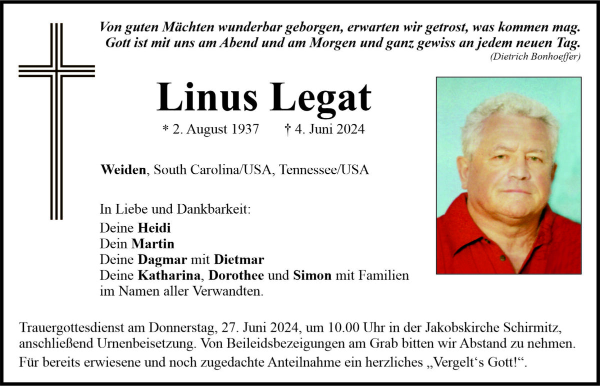 Traueranzeige Linus Legat, Weiden