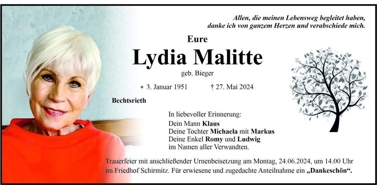 Traueranzeige Lydia Malitte, Bechtsrieth
