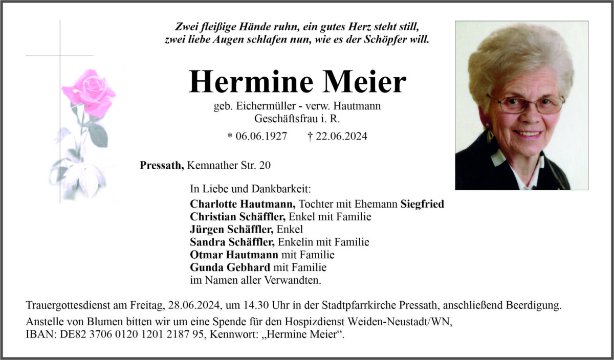 Traueranzeige Hermine Meier, Pressath