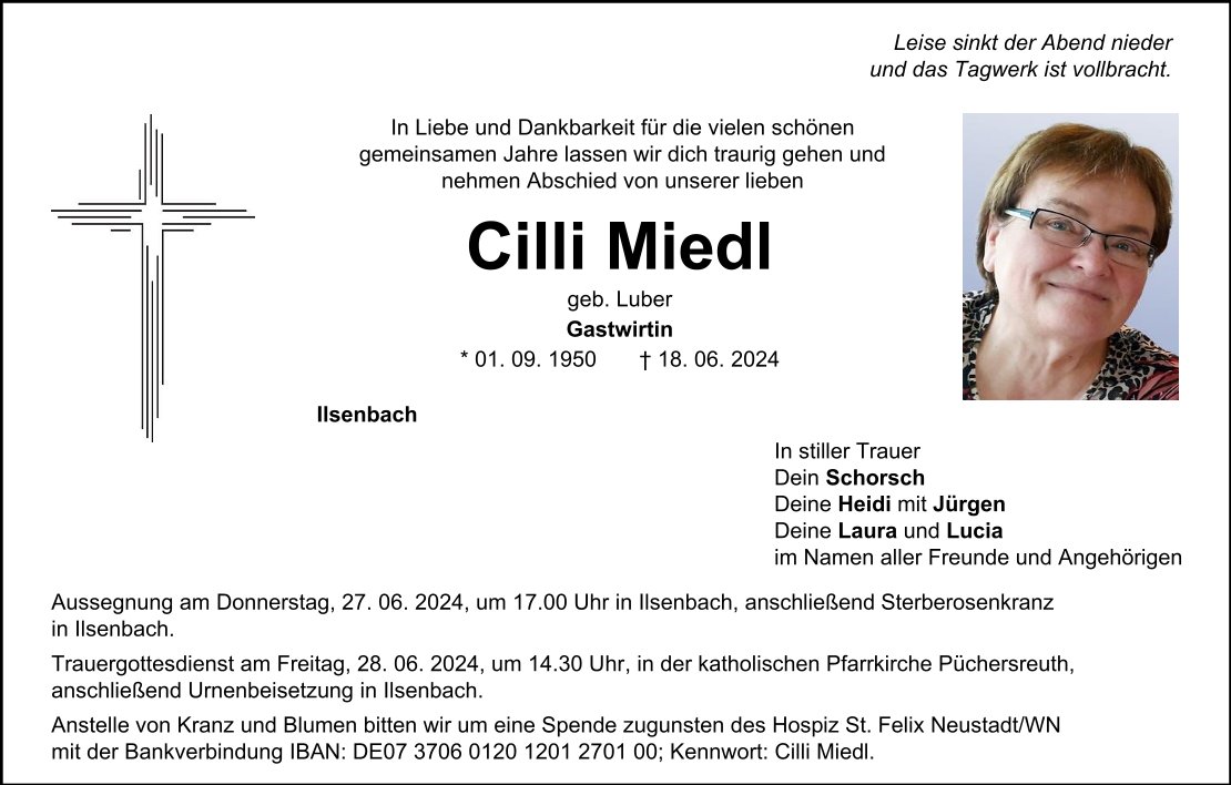 Traueranzeige Cilli Miedl, Ilsenbach