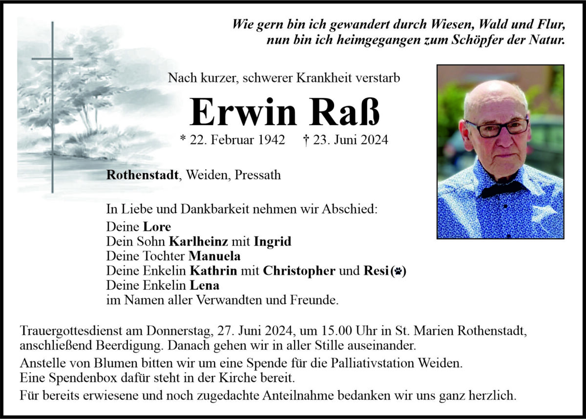 Traueranzeige Erwin Raß, Rothenstadt