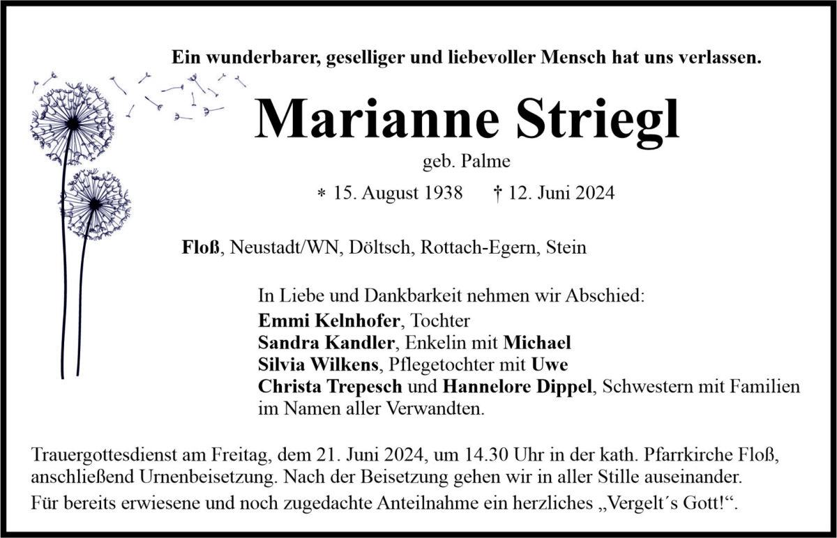 Traueranzeige Marianne Striegl, Floß