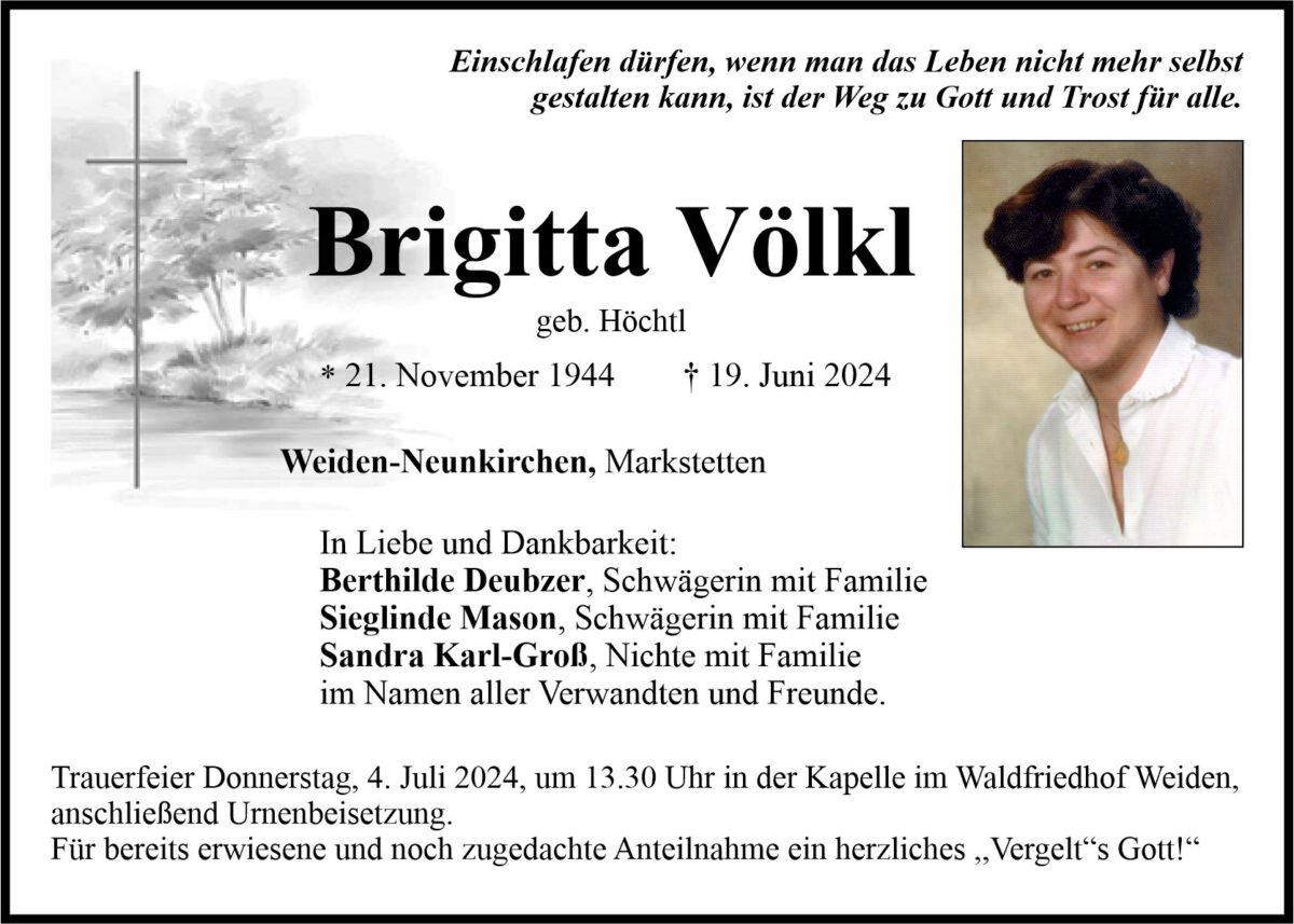 Traueranzeige Brigitta Völkl, Weiden – Neunkirchen