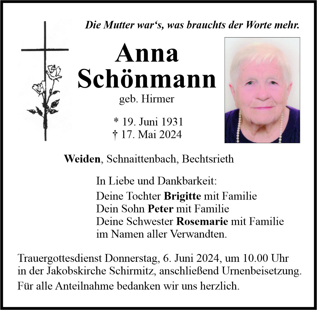 Traueranzeige Anna Schönmann, Weiden