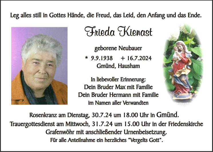 Traueranzeige Frieda Kienast, Gmünd