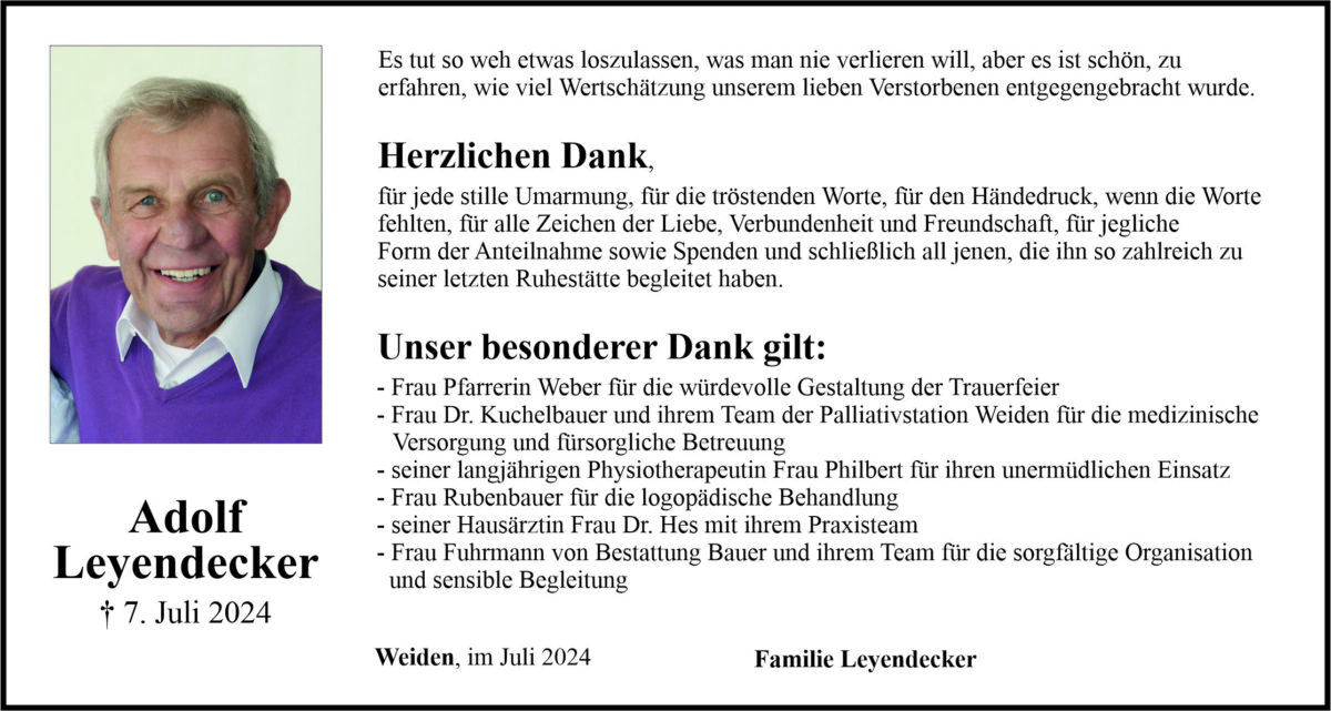 Danksagung Adolf Leyendecker, Weiden