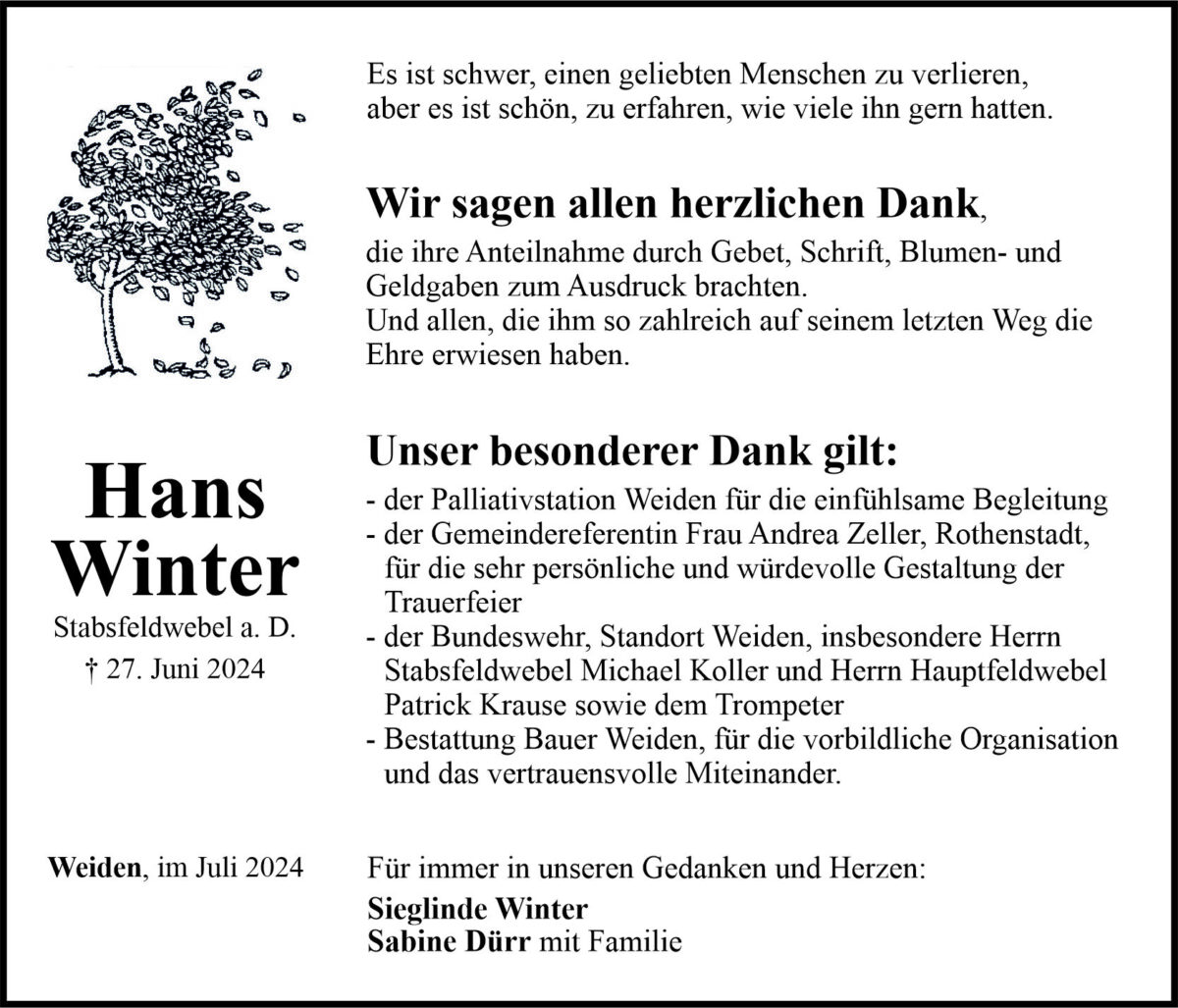 Danksagung Hans Winter, Weiden