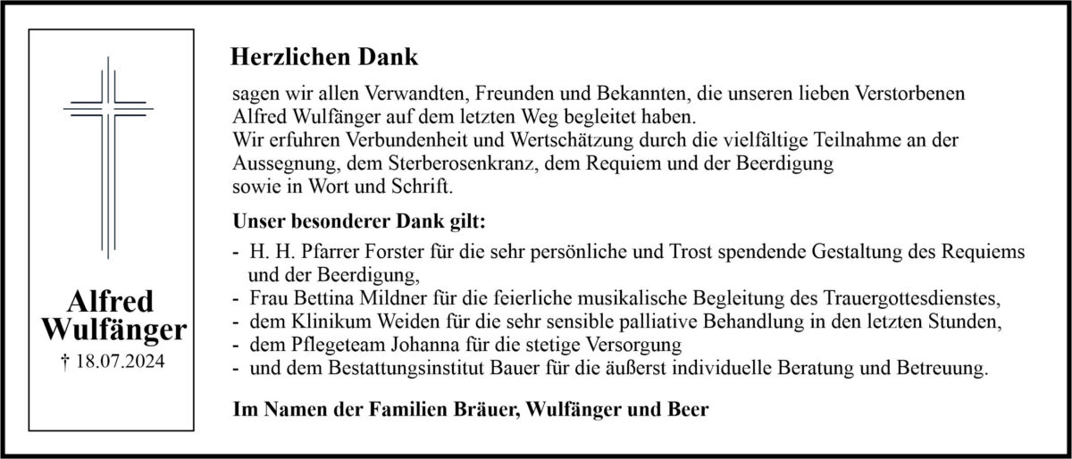 Danksagung Alfred Wulfänger