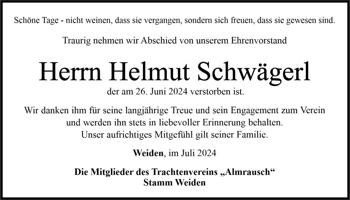 Nachruf Helmut Schwägerl, Weiden