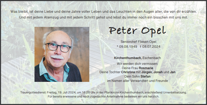 Traueranzeige Peter Opel, Kirchenthumbach