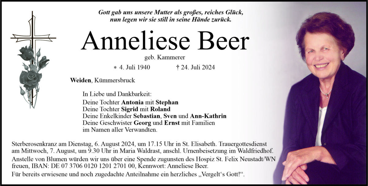 Traueranzeige Anneliese Beer, Weiden