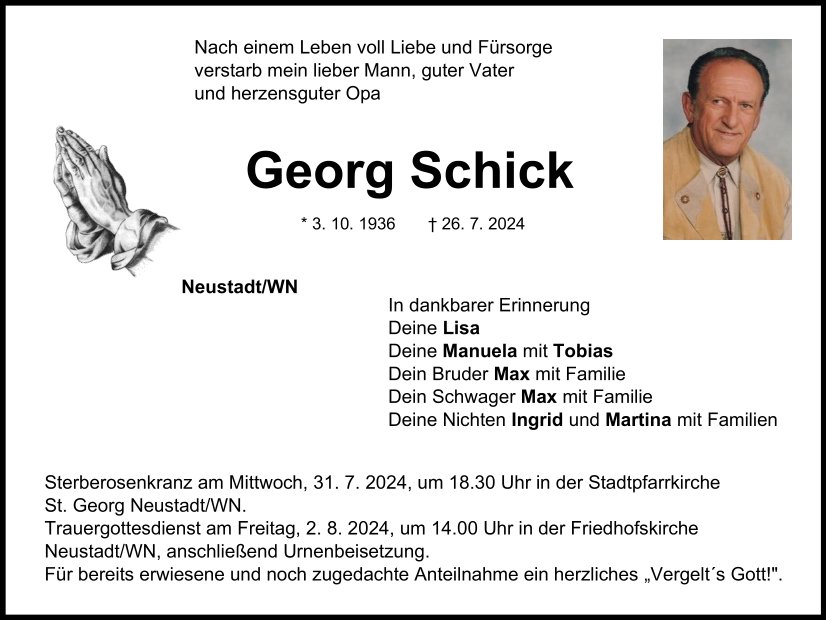Traueranzeige Georg Schick, Neustadt