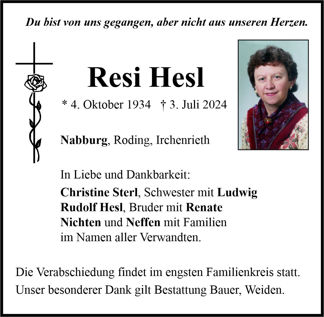 Traueranzeige Resi Hesl, Nabburg