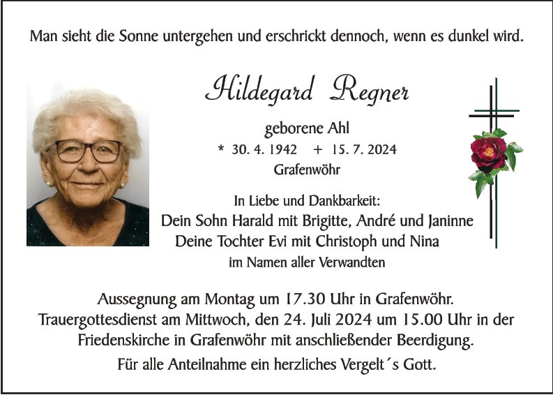 Traueranzeige Hildegard Regner, Grafenwöhr