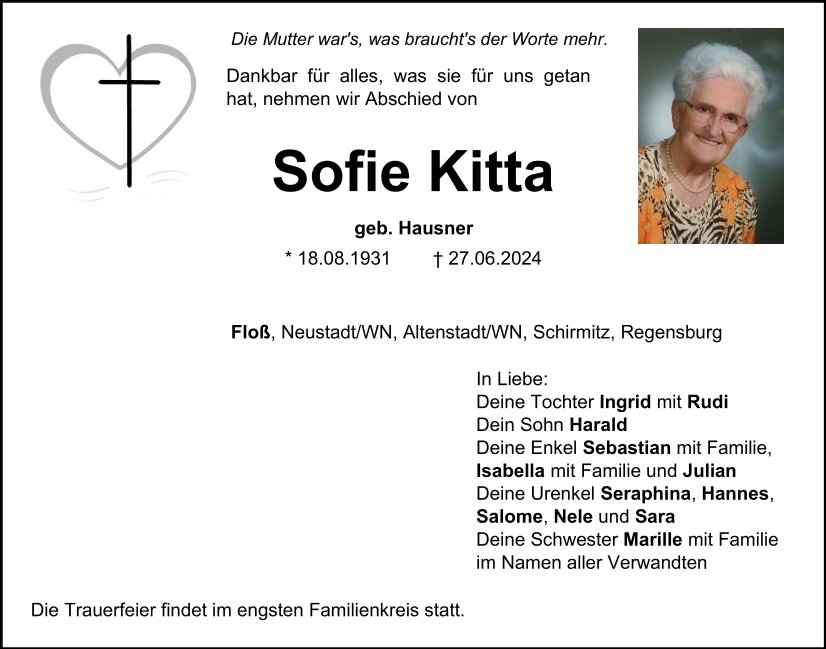 Traueranzeige Sofie Kitta, Floß