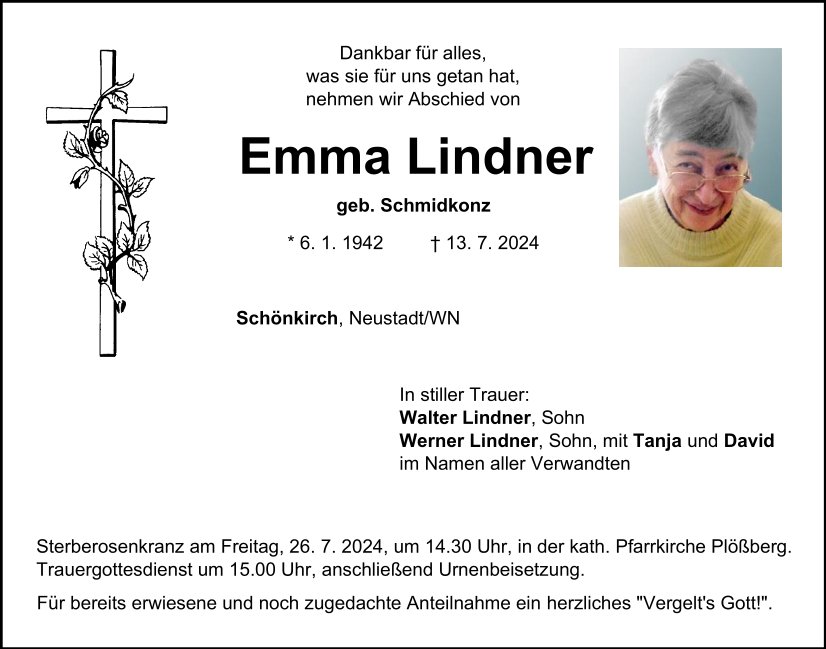 Traueranzeige Emma Lindner, Schönkirch