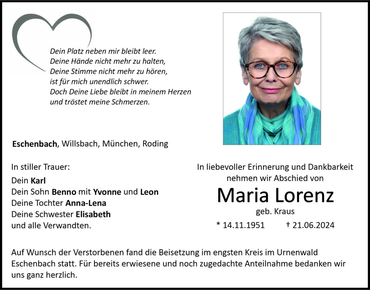 Traueranzeige Maria Lorenz, Eschenbach