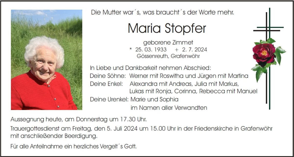 Traueranzeige Maria Stopfer, Gössenreuth