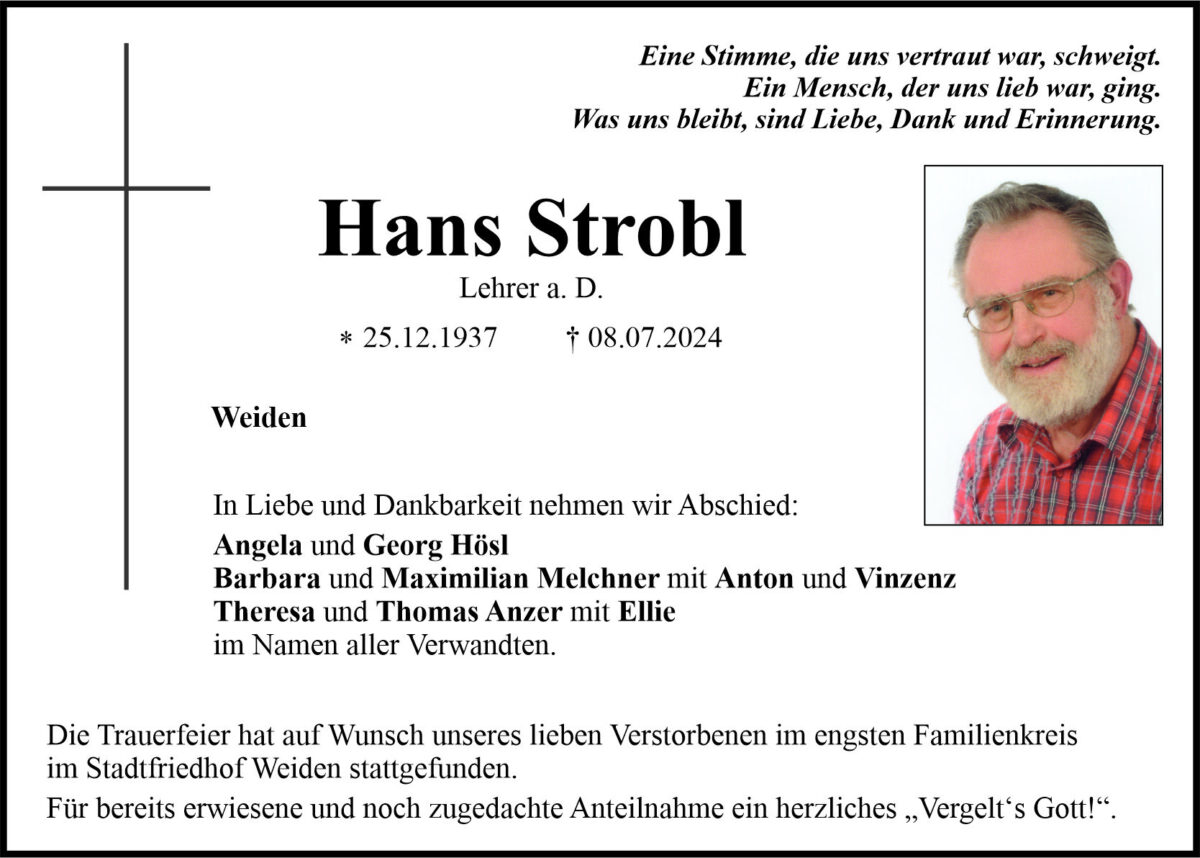 Traueranzeige Hans Stobl, Weiden