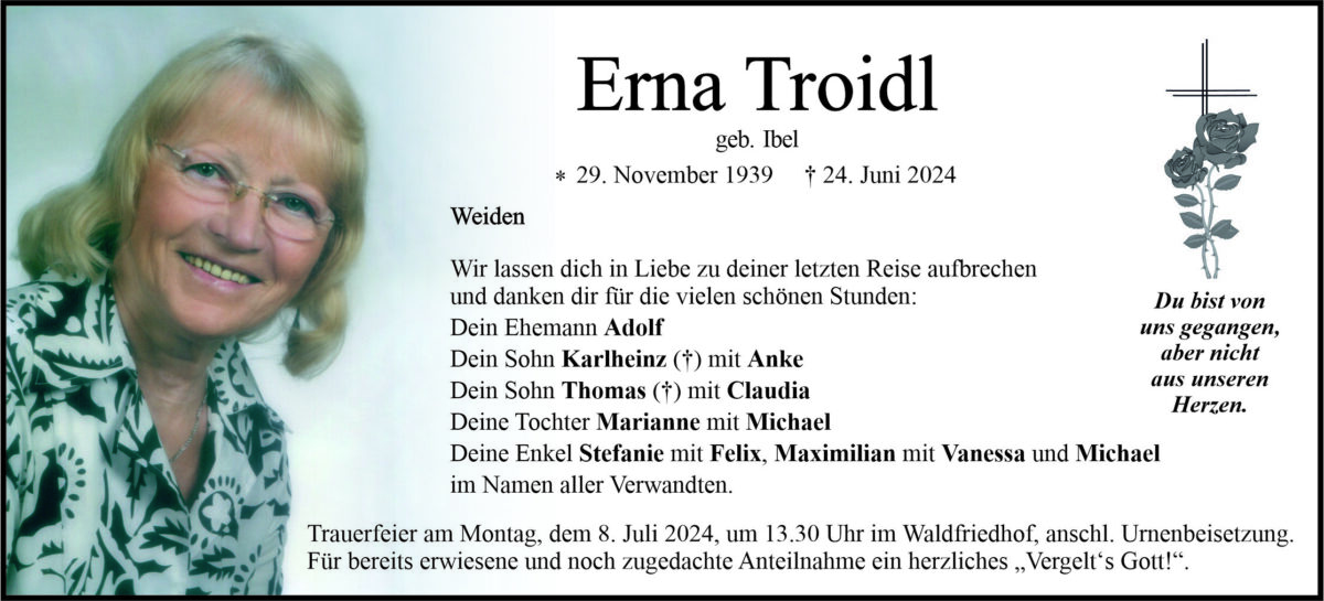 Traueranzeige Erna Troidl, Weiden