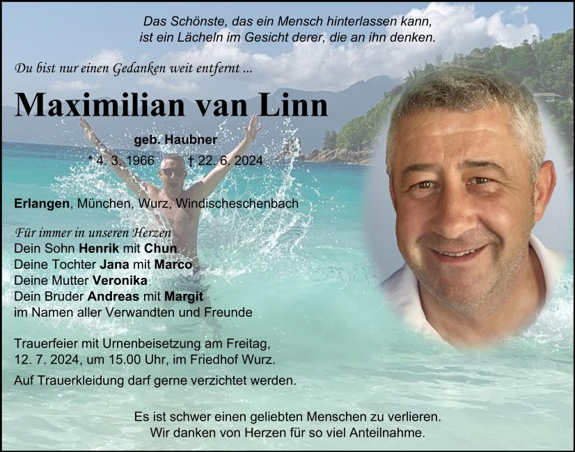 Traueranzeige Maximilian van Linn, Erlangen