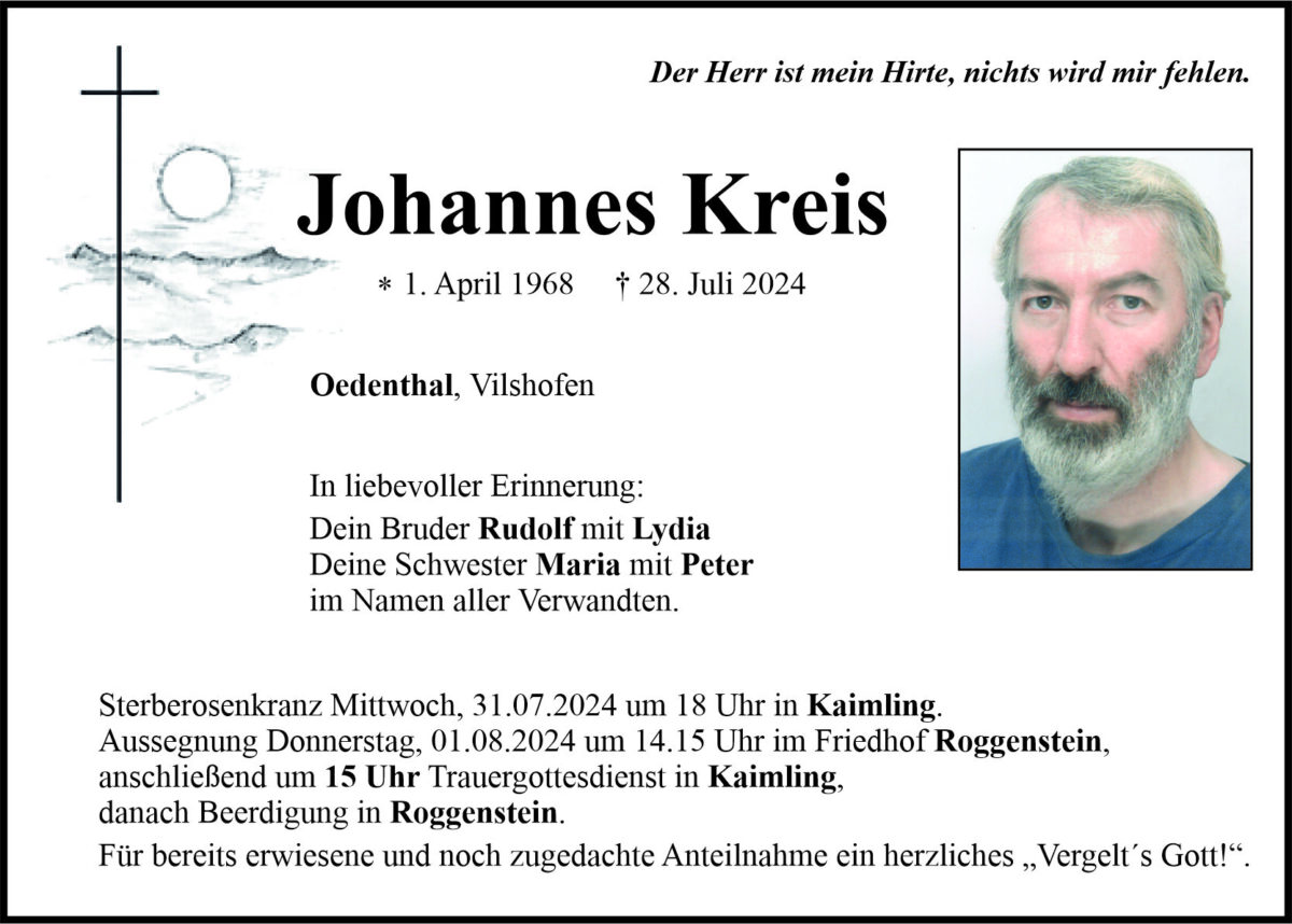 Traueranzeige Johannes Kreis, Oedenthal