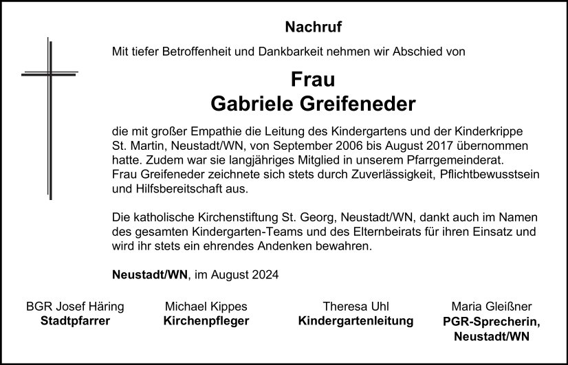 Nachruf Gabriele Greifeneder, Neustadt