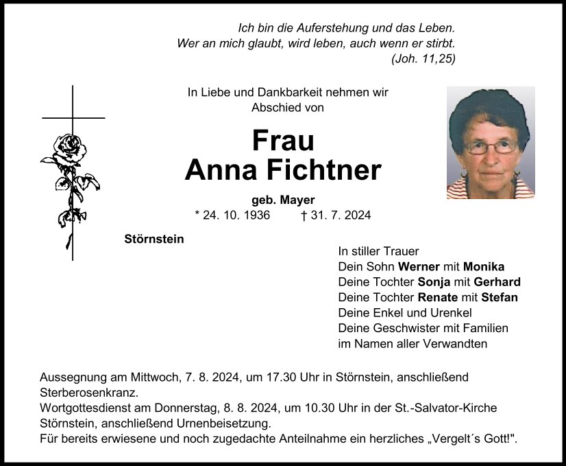 Traueranzeige Anna Fichtner, Störnstein